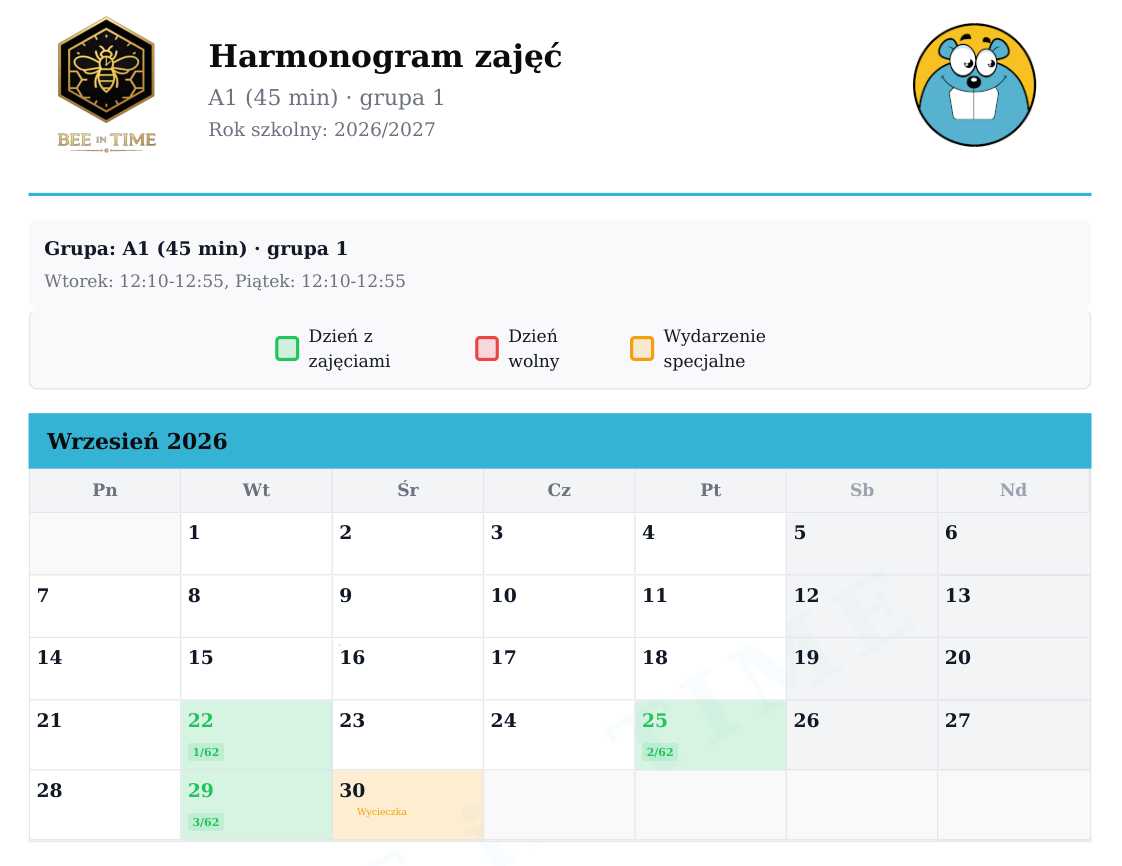 Harmonogram zajęć jednej grupy w PDF - z logo szkoły, jej kolorem i numeracją kolejnych zajęć w roku
